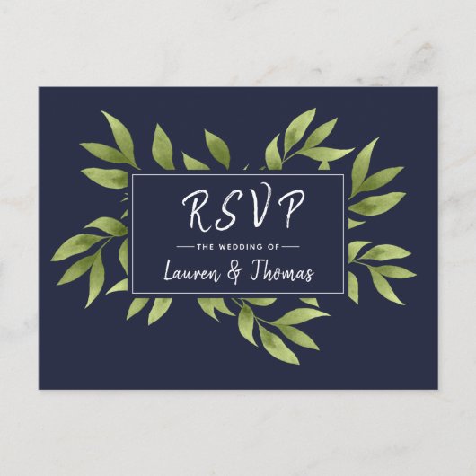 結婚式出欠確認 ウォーターカラー ウィロー リース ネイビーブルー インビテーションポストカード (正面)