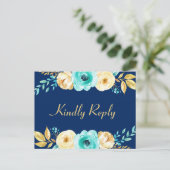 結婚式出欠確認 - 水彩 ネイビーブルー ゴールド 花 インビテーションポストカード (スタンド正面)