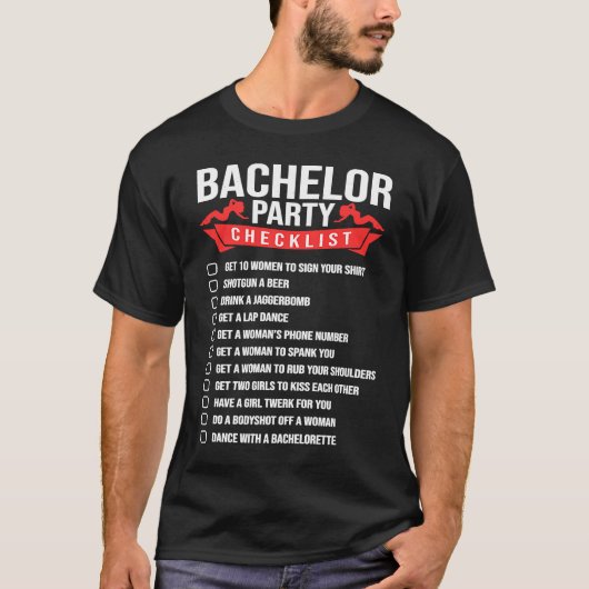 結婚式前の独身パーティ チェックリスト 男性向け Tシャツ (正面)