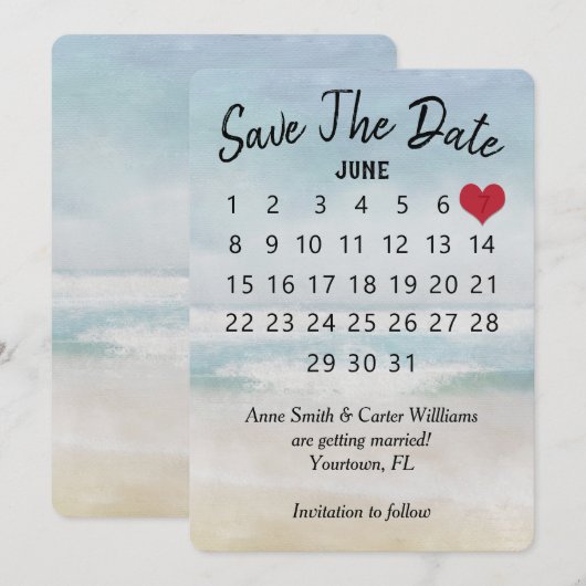 結婚式場の水彩オーシャンビーチデザインの「Save the Date」カレンダー 招待状 (正面/裏面)