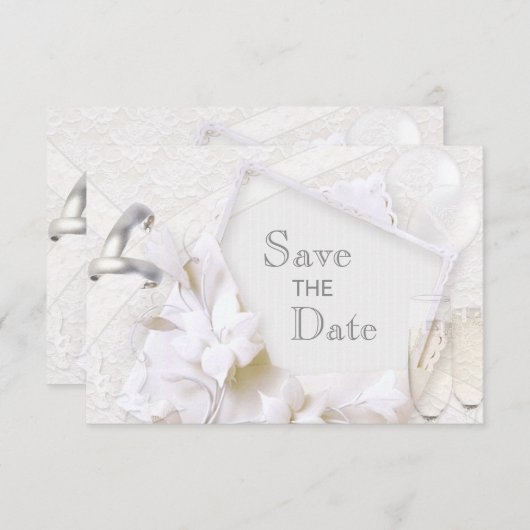 結婚式場を押さえて！ 結婚指輪とシャンパングラス セーブザデート (正面/裏面)