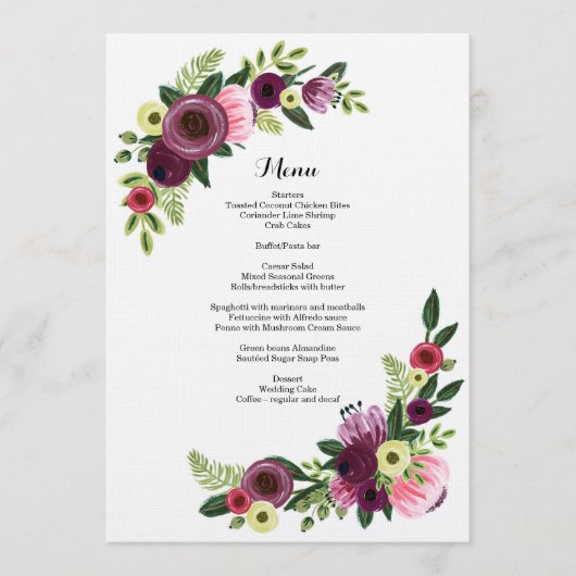 結婚式夕食メニューカード花のバーガンディの赤面 メニュー (正面)