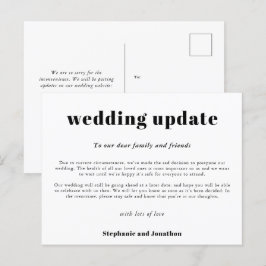 結婚式延期のお知らせカード　モノクロのタイポグラフィーデザイン 案内ポストカード