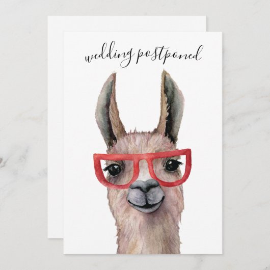結婚式延期のお知らせユーモアたっぷりのラマのスケジュール変更 招待状 (正面/裏面)