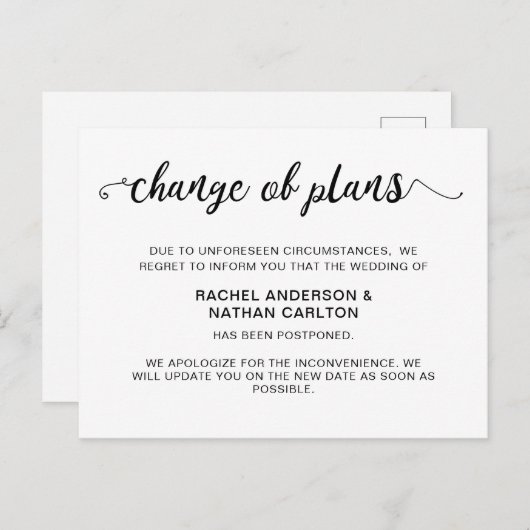 結婚式延期のお知らせ キャンセル 簡潔 案内ポストカード (正面/裏面)
