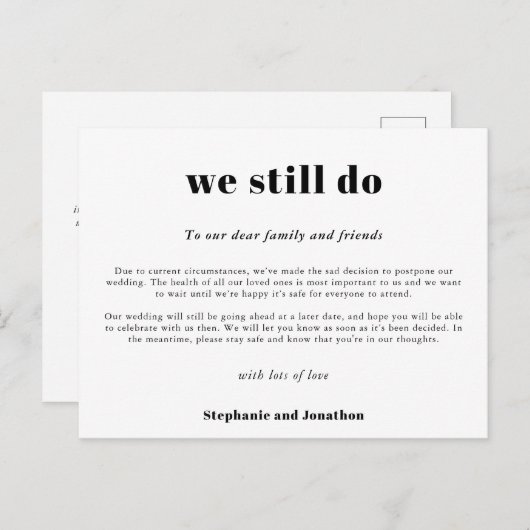 結婚式延期のお知らせ コロナ対策 白黒シンプル 案内ポストカード (正面/裏面)