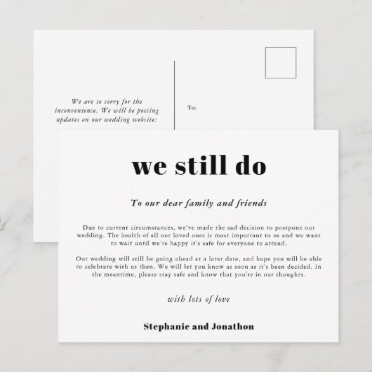 結婚式延期のお知らせ コロナ対策 白黒スクリプト 案内ポストカード (正面/裏面)