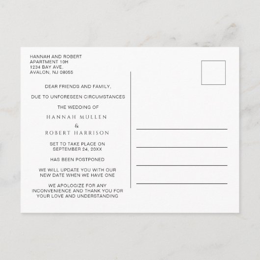 結婚式延期のお知らせ プラン変更 ローズ ブラック 案内ポストカード (裏面)