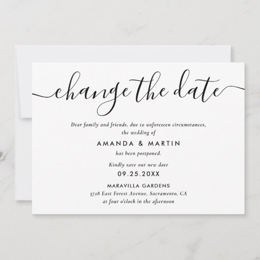 結婚式延期のお知らせ 黒と白 案内状 (正面)