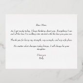 結婚式当日、母への思いを綴るエレガントな台詞 箔招待状ポストカード (裏面)