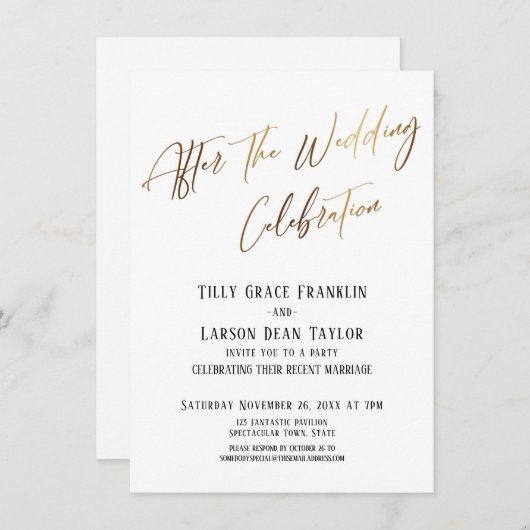 結婚式後のお祝いのためのシンプルなゴールドアクセント 招待状 (正面/裏面)