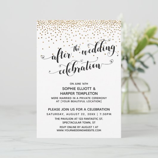 結婚式後のお祝いのスクリプト金色のコンフェッティ 招待状 (スタンド正面)