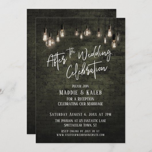 結婚式後のお祝いの様子をイメージしたレンガ・エジソン電球のデザイン 招待状 (正面/裏面)