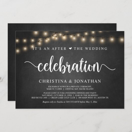 結婚式後のお祝い会、ふたりだけで結婚式を挙げたことを知らせる / 招待状カードのデザイン。素朴な農家 招待状 (正面/裏面)