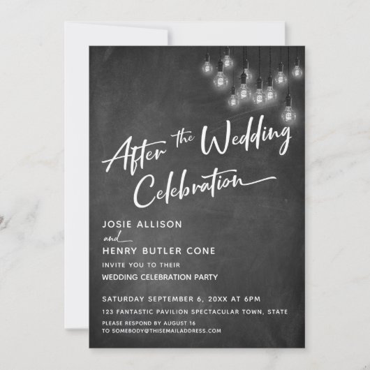 結婚式後のお祝い - 黒板とエジソン電球 招待状 (正面)