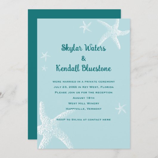 結婚式後のスター・フィッシュ・グレイ・ブルーのお祝い 招待状 (正面/裏面)
