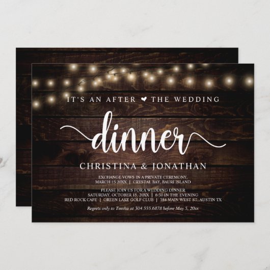 結婚式後のディナーパーティー、駆け落ちスタイルのカード 招待状 (正面/裏面)