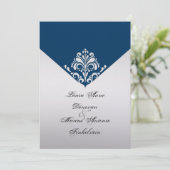 結婚式後のネイビーとシルバーの渦巻きのお祝い 招待状 (スタンド正面)