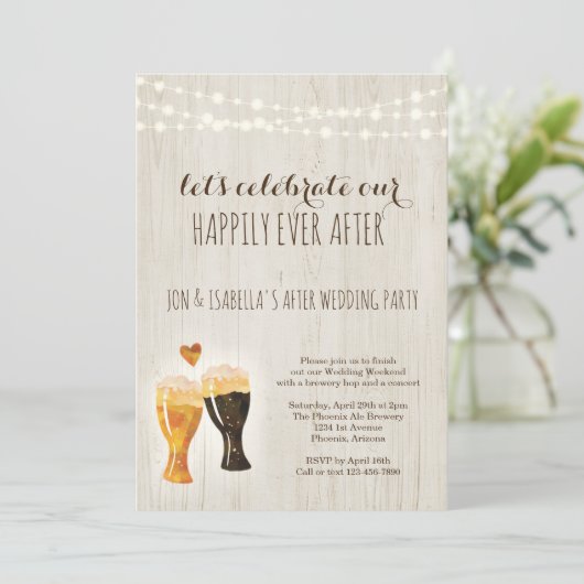 結婚式後のパーティー招待状　手描きの水彩画ビール　ラスティックな背景 招待状 (スタンド正面)