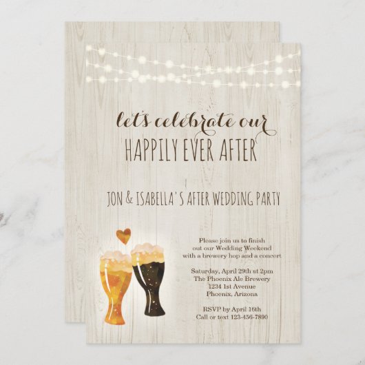 結婚式後のパーティー招待状　手描きの水彩画ビール　ラスティックな背景 招待状 (正面/裏面)