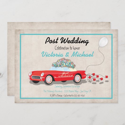 結婚式後のレトロな自動車の「Just Married」招待状 招待状 (正面/裏面)