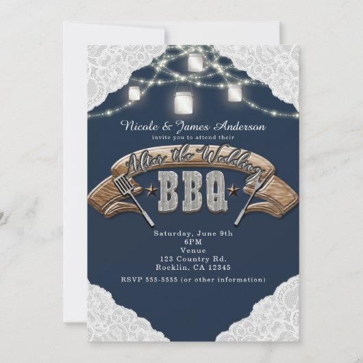 結婚式後のBBQ ブルー・メイソンジャー・ライトとレース 招待状 (正面)