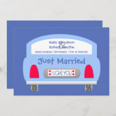 結婚式後パーティーの招待状 -- 青い車 招待状 (正面/裏面)