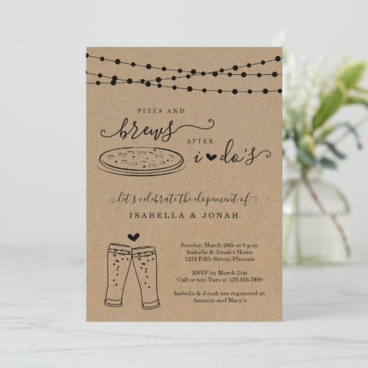 結婚式後、ピザ＆ビール レセプションのみの秘密の結婚式 招待状 (スタンド正面)