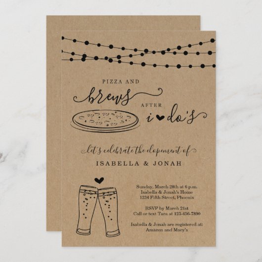 結婚式後、ピザ＆ビール レセプションのみの秘密の結婚式 招待状 (正面/裏面)