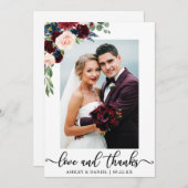 結婚式愛および感謝のバーガンディの青の花柄 サンキューカード (正面/裏面)