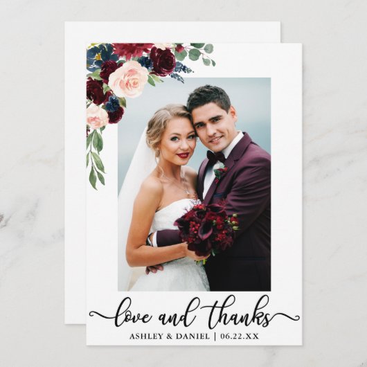 結婚式愛および感謝のバーガンディの青の花柄 サンキューカード (正面/裏面)