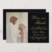 結婚式愛および感謝の黒い金ゴールドの写真 サンキューカード (正面/裏面)