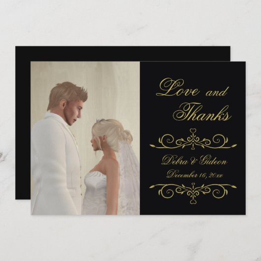 結婚式愛および感謝の黒い金ゴールドの写真 サンキューカード (正面/裏面)