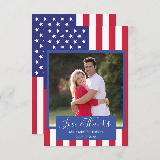 結婚式愛は愛国心が強い米国旗の写真を感謝していしています サンキューカード (正面/裏面)