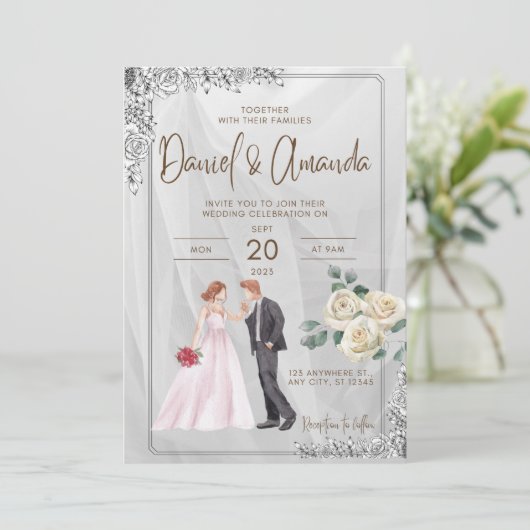 結婚式招待状とカップルのグラフィックとバラ 招待状 (スタンド正面)