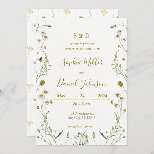 結婚式招待状とデイジー-エレガントフローラ 招待状 (正面/裏面)