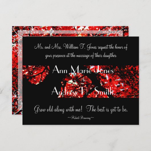 結婚式招待状と黒と赤い葉の木 インビテーションポストカード (正面/裏面)