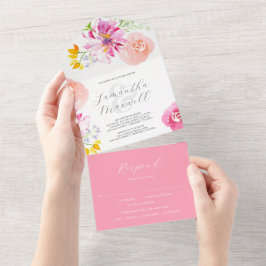 結婚式招待状とRSVPカードピンクの花 オールインワン招待状