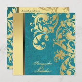 結婚式招待状のティール（緑がかった色）の金ゴールドのきらめくの花柄 招待状 (正面/裏面)