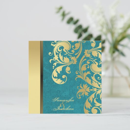 結婚式招待状のティール(緑がかった色)の金ゴールドのきらめくの花柄 招待状 (スタンド正面)