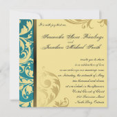 結婚式招待状のティール（緑がかった色）の金ゴールドのきらめくの花柄 招待状 (裏面)
