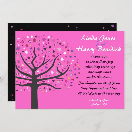 結婚式招待状のピンク抽象的な生命の樹 招待状 (正面/裏面)