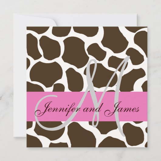 結婚式招待状のモノグラムのピンクの黒のキリン 招待状 (正面)