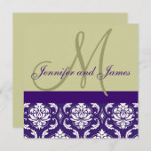 結婚式招待状のモノグラムの暗灰色の紫色のダマスク織 招待状 (正面/裏面)