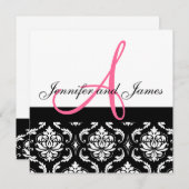 結婚式招待状のモノグラムはショッキングピンクのダマスク織を示します 招待状 (正面/裏面)
