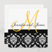 結婚式招待状のモノグラムは黄色いダマスク織を示します 招待状 (正面/裏面)