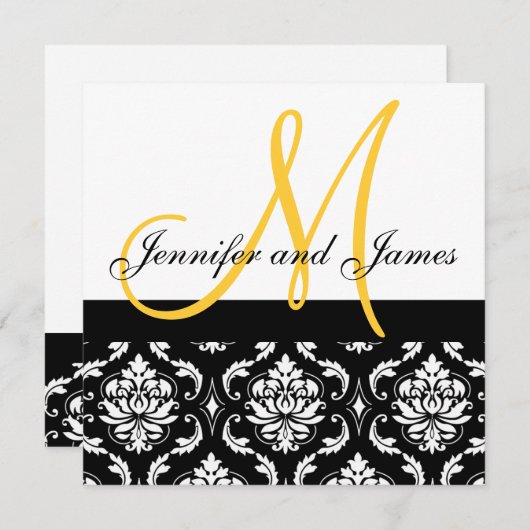 結婚式招待状のモノグラムは黄色いダマスク織を示します 招待状 (正面/裏面)