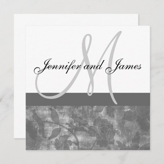 結婚式招待状のモノグラムは黒い花柄を示します 招待状 (正面/裏面)