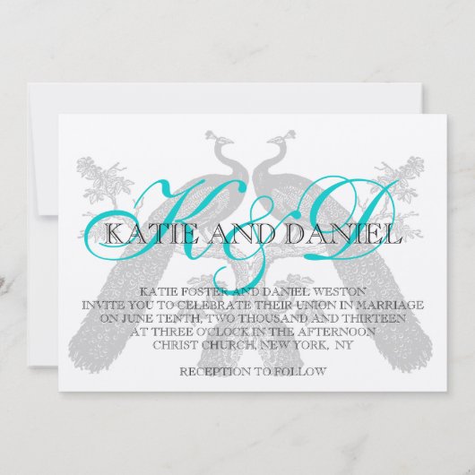 結婚式招待状の孔雀のモノグラムの銀 招待状 (裏面)