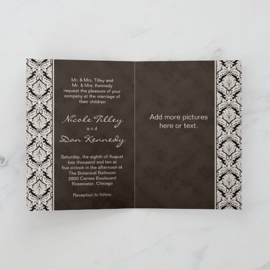 結婚式招待状の挨拶状のブラウンのダマスク織 招待状 (内部)